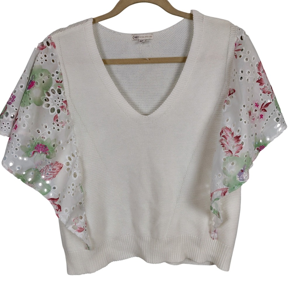 Cato Womens SZ 18/20 Eyelet Flutter Sleeve Floral Knit Top White Cottagecore